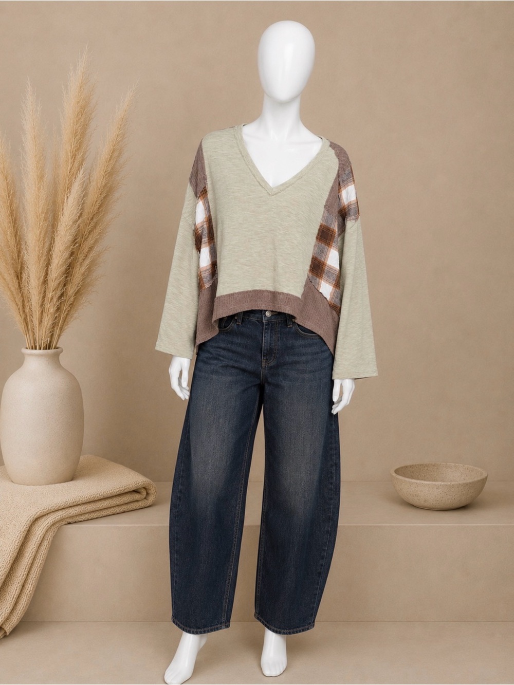 💚🤎🍂 POL Plaid Patchwork V-Neck Top 🍂🤎💚